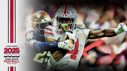 Ohio State Buckeyes wide receiver Jeremiah Smith (4) makes a catch against Notre Dame Fighting Irish cornerback Christian Gray (29) in the fourth quarter during the College Football Playoff National Championship at Mercedes-Benz Stadium in Atlanta on January 20, 2025.