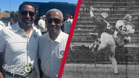 Former Ohio State football players Cris Carter (left) and Paul Warfield (center-left) juxtaposed with Warfield making a touchdown catch against Michigan in 1963.