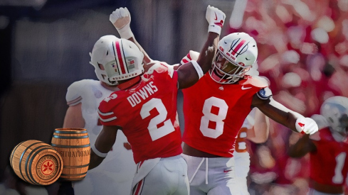 Ohio State Buckeyes safety Caleb Downs (2) and linebacker Arvell Reese (8) celebrate in the second half at Ohio Stadium on Saturday, Aug. 30, 2025 in Columbus, Ohio.