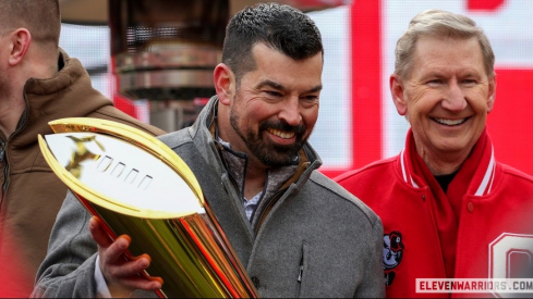 Ryan Day and Ted Carter with the College Football Playoff trophy