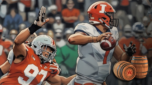 Nov 18, 2017; Columbus, OH, USA; Illinois Fighting Illini quarterback Chayce Crouch (7) is pressured by Ohio State Buckeyes defensive lineman Nick Bosa (97) during the second quarter at Ohio Stadium. Mandatory Credit: Joe Maiorana-Imagn Images