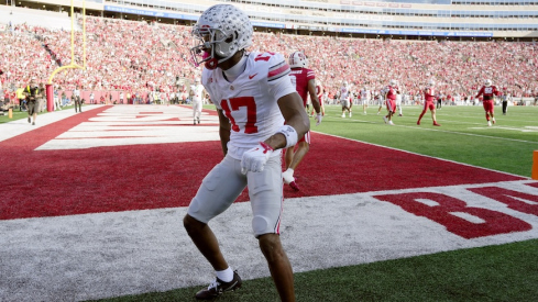 Carnell Tate celebrates his second touchdown catch vs. Wisconsin