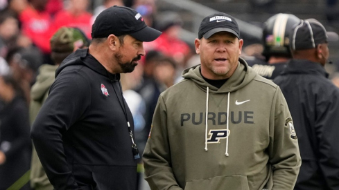 Ohio State head coach Ryan Day (left) with Purdue head coach Barry Odom (right)