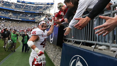  Indiana Hoosiers linebacker Isaiah Jones (46) celebrates with the fans following the game against the Penn State Nittany Lions at Beaver Stadium.