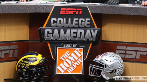 Michigan and Ohio State helmets on the College GameDay set