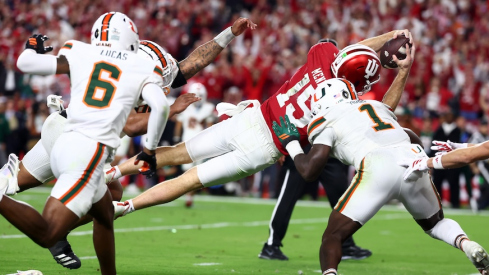 Fernando Mendoza diving for a touchdown vs. Miami in the national championship game