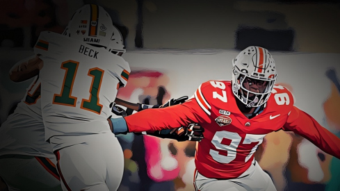 Ohio State Buckeyes defensive end Kenyatta Jackson Jr. (97) pursues Miami Hurricanes quarterback Carson Beck (11) during the Cotton Bowl at AT&T Stadium in Arlington, Texas for the College Football Playoff quarterfinal game on Dec. 31, 2025. Ohio State lost 24-14.