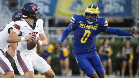 Aidan Sayin throwing vs. Delaware in 2024