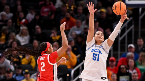 Lauren Betts blocks a shot from Chance Gray