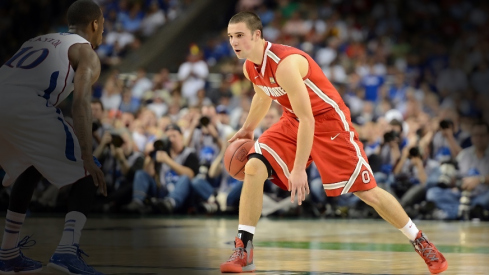 Mar 31, 2012; New Orleans, LA, USA; Ohio State Buckeyes guard Aaron Craft (right) brings the ball up court against Kansas Jayhawks guard Tyshawn Taylor (10) during the second half in the semifinals of the 2012 NCAA men's basketball Final Four at the Mercedes-Benz Superdome. Mandatory Credit: Bob Donnan-Imagn Images