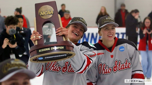 Ohio State women’s hockey with its regional championship trophy