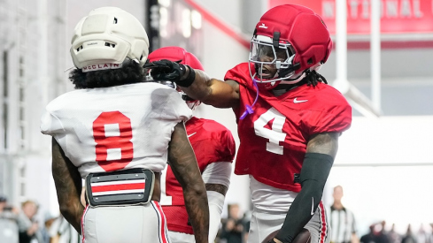 Jeremiah Smith celebrating his touchdown catch vs. Jaylen McClain