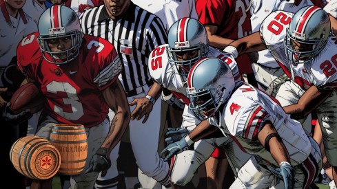 Bam Childress, 3, outruns the Gray defense of E.J. Underwood, 25, Will Allen, 4, and Steven Moore, 20, as he straddles the sideline on his way to a touchdown in the final quarter of the OSU spring game at Ohio Stadium, April 26, 2003.