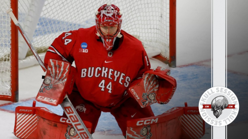 Montreal Canadiens goalie Jakub Dobeš in the pipes at Ohio State in 2023