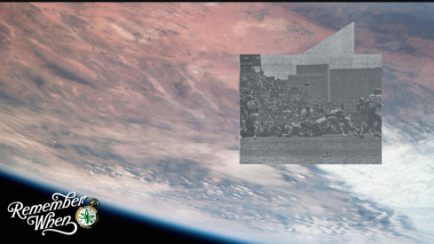 Picture of Earth photographed during Apollo 7 mission in 1968, juxtaposed with the 1968 Ohio State vs. Purdue football game