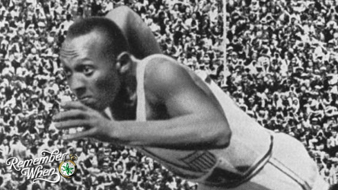 Jesse Owens emerges from the blocks for a sprint