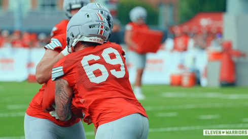 Ian Moore blocking on day one of preseason camp