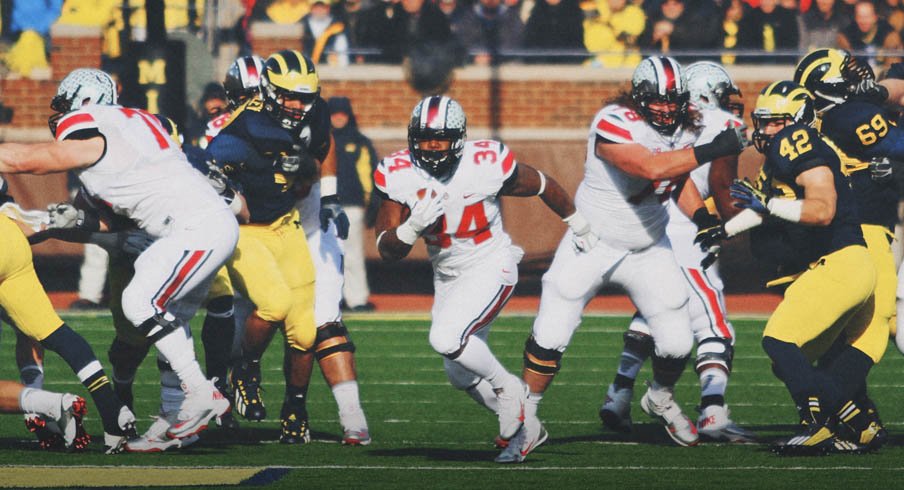 Carlos Hyde rips off yardage against Michigan running Ohio State's tight inside zone run.