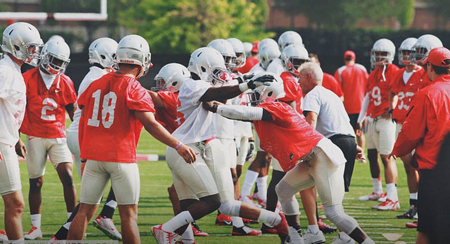 Wide receiver drills at the first practice of Ohio State's fall camp.