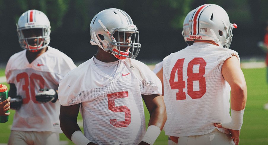 Linebacker Raekwon McMillan spent time with the upperclassmen at Ohio State's first practice of fall camp.