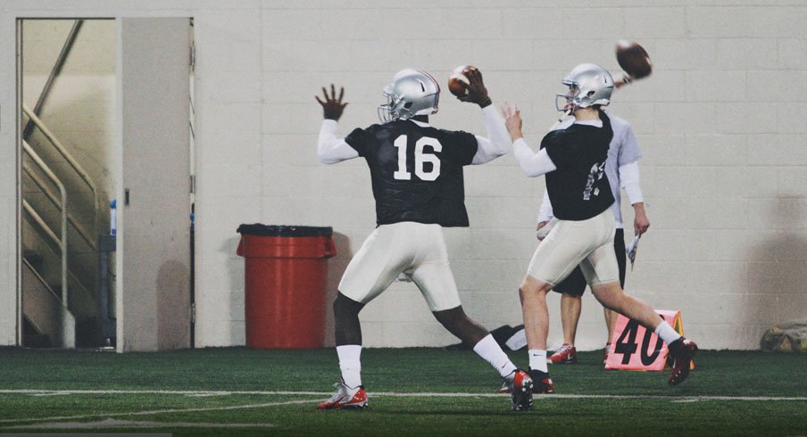 Ohio State quarterback J.T. Barrett warming up during spring practice.