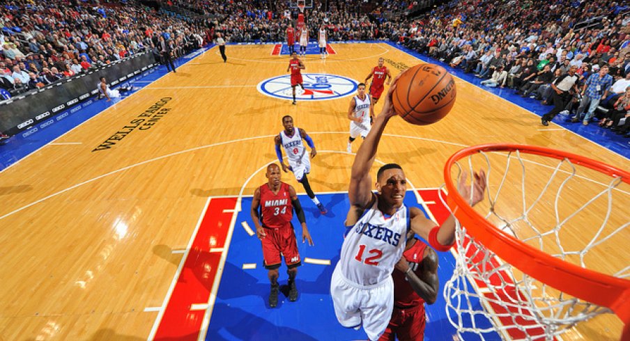 Evan Turner, then with the Philadelphia 76ers, scoring on LeBron James and the Miami Heat.