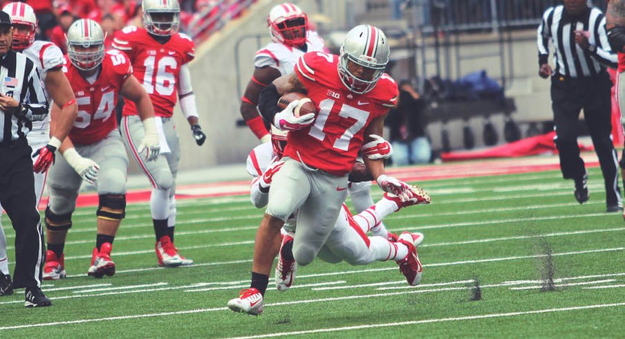 Jalin Marshall was one of eight Ohio State receivers to catch a pass against Rutgers.