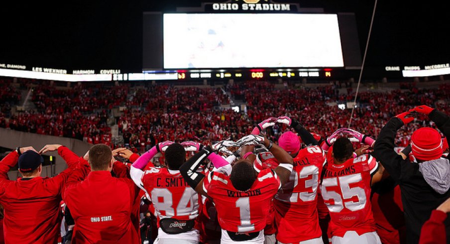 Ohio State sings the alma mater after dumping Penn State last year, 63-14