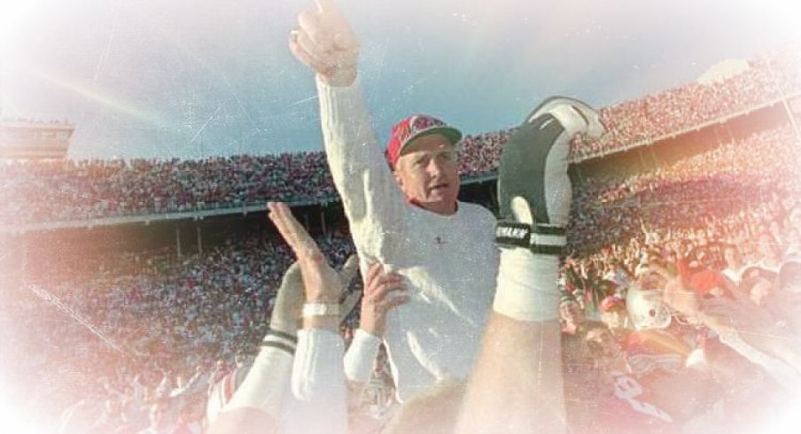 John Cooper on his players shoulders, briefly, following the 1994 Michigan game
