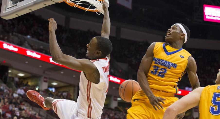 Sam Thompson throws down an alley-oop.