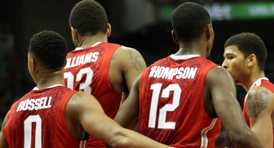 The Buckeyes gather in a huddle.