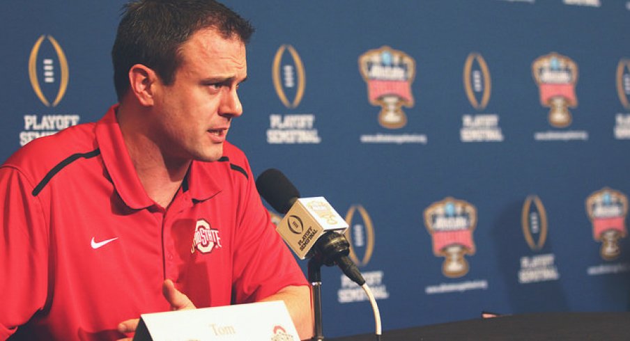 Ohio State co-offensive coordinator and quarterbacks coach Tom Herman speaks to the media in New Orleans.