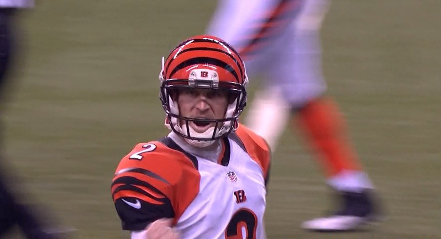 Mike Nugent fist bumps it up after connecting on a 57-yard field goal for the Bengals.
