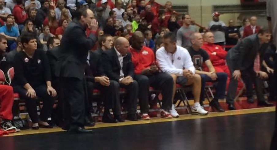 Urban Meyer is on hand for the Ohio State wrestling team's huge match against Iowa today. 
