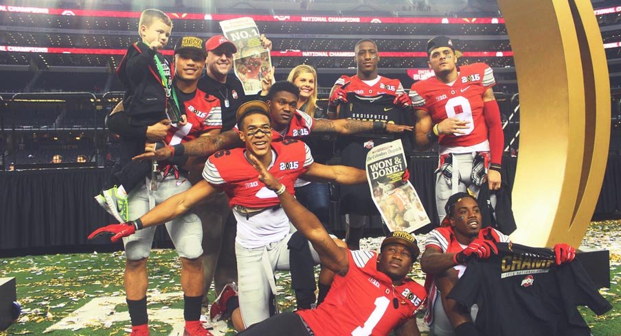 Ohio State's wide receivers celebrate their championship win over Oregon.
