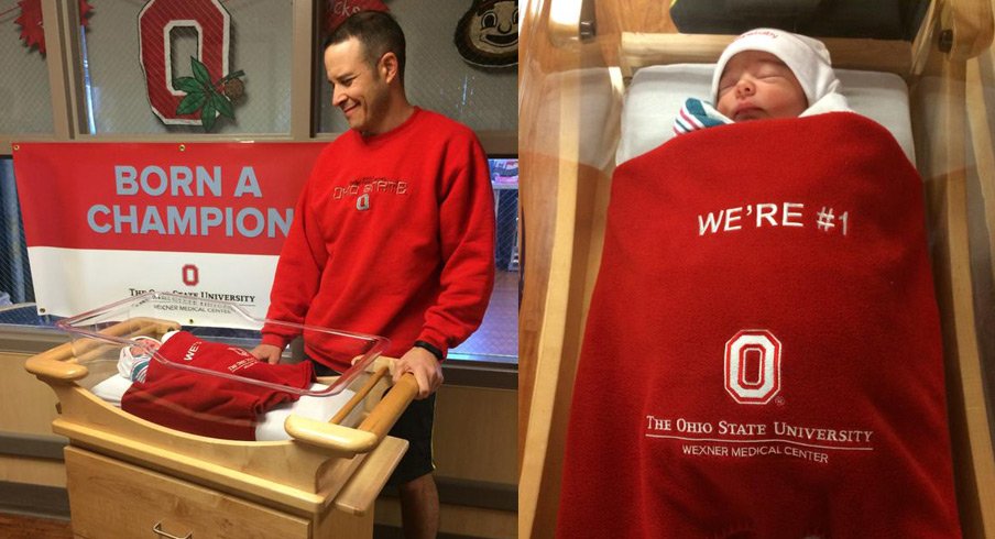 Wexner Medical Center babies swaddled in "We're #1" blankets.