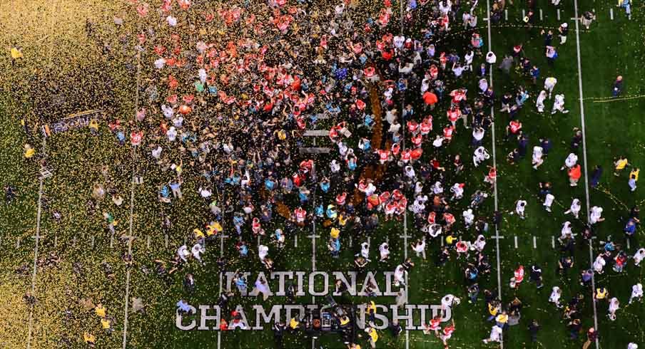 Confetti falls on Ohio State after winning the National Championship.