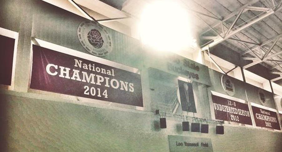 Ohio State's new national championship banner at the Woody Hayes Athletic Center