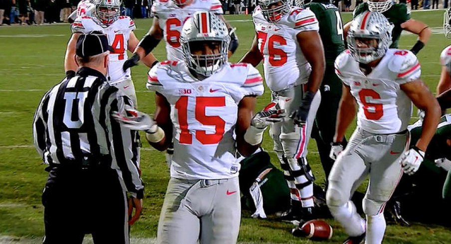 Ezekiel Elliott does the Bosa shrug after scoring a touchdown against Michigan State.