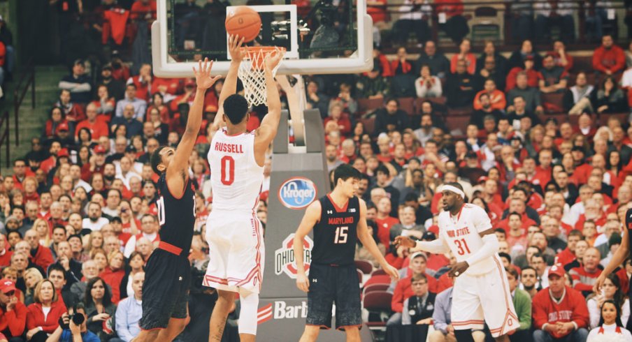 D'Angelo Russell launches a 3-pointer vs. Maryland