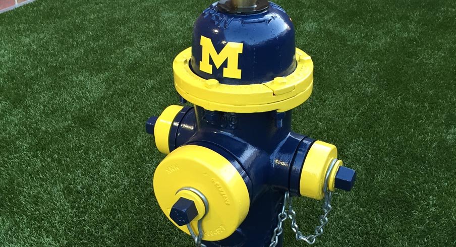 Michigan fire hydrant in the dog-walking area at Ohio State's College of Veterinary Medicine