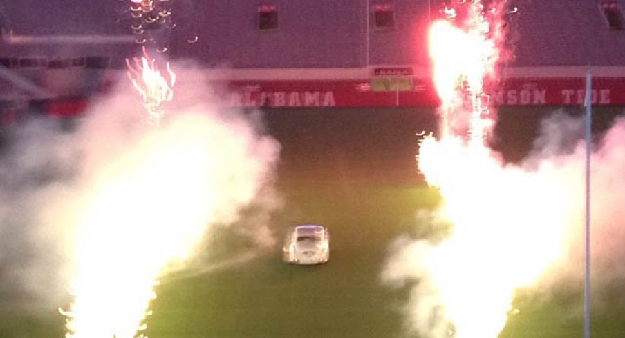Fireworks and a Rolls-Royce at Alabama's Bryant-Denny Stadium for Nick Saban's daughter's wedding.