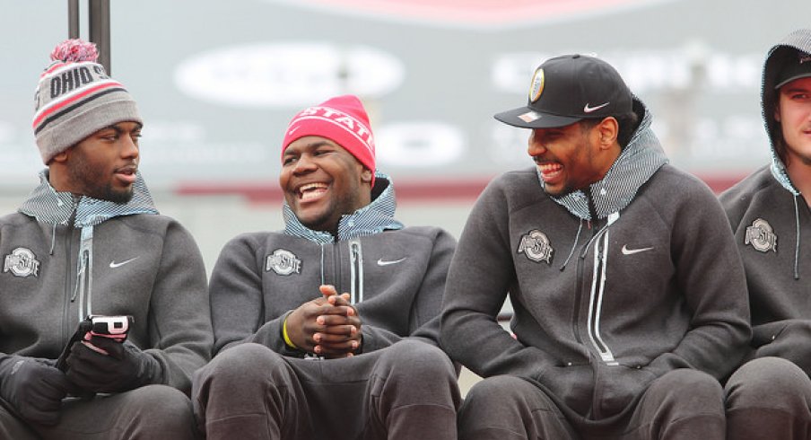 J.T. Barrett, Cardale Jones, and Braxton Miller at the championship celebration in the Horseshoe.