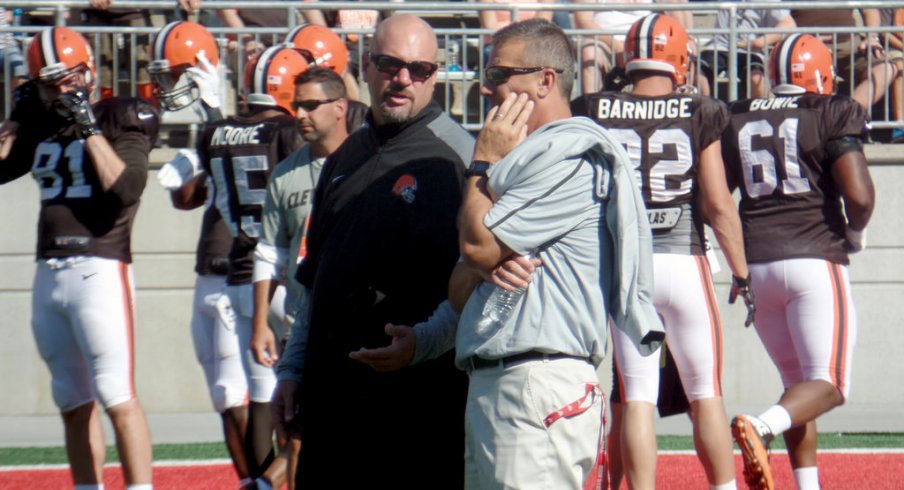 Mike Pettine, Urban Meyer at Ohio Stadium.