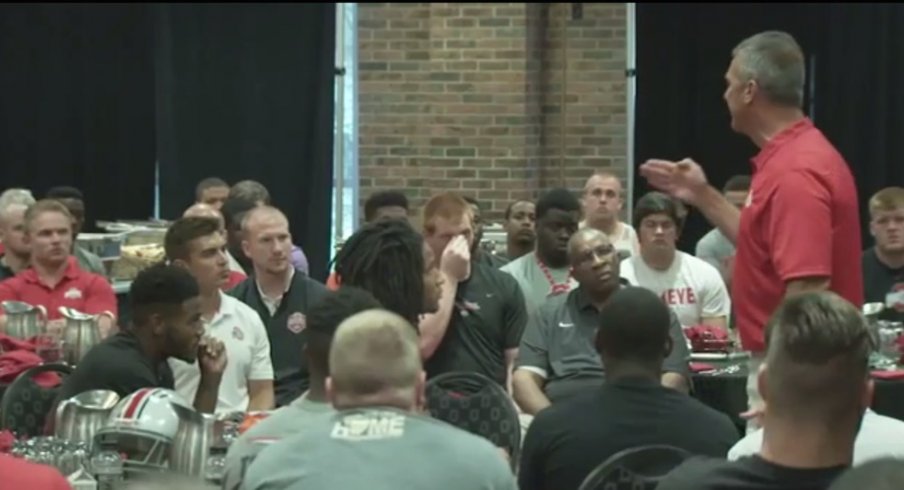 A preview of Scarlet and Gray Days on BTN shows Urban Meyer speaking firmly to his team.
