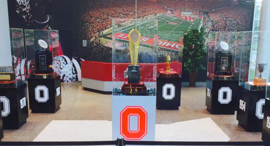 The new entryway into the Woody Hayes Athletic Center has a shiny new trophy.