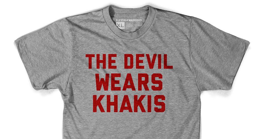 The Devil Wears Khakis track tee, now available at Eleven Warriors Dry Goods
