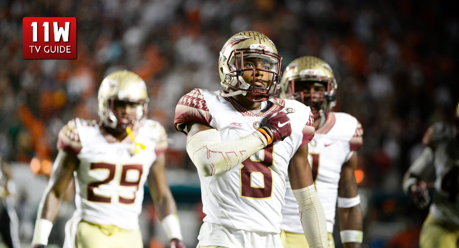 15 November 2014: Florida State University Defensive Back Jalen Ramsey (8) celebrates his interception of a pass from University of Miami Hurricanes Quarterback Brad Kaaya (not shown) in the last seconds of NCAA football game between the Florida State Seminoles and the University of Miami Hurricanes at the Sun Life Stadium in Miami Gardens, Florida.