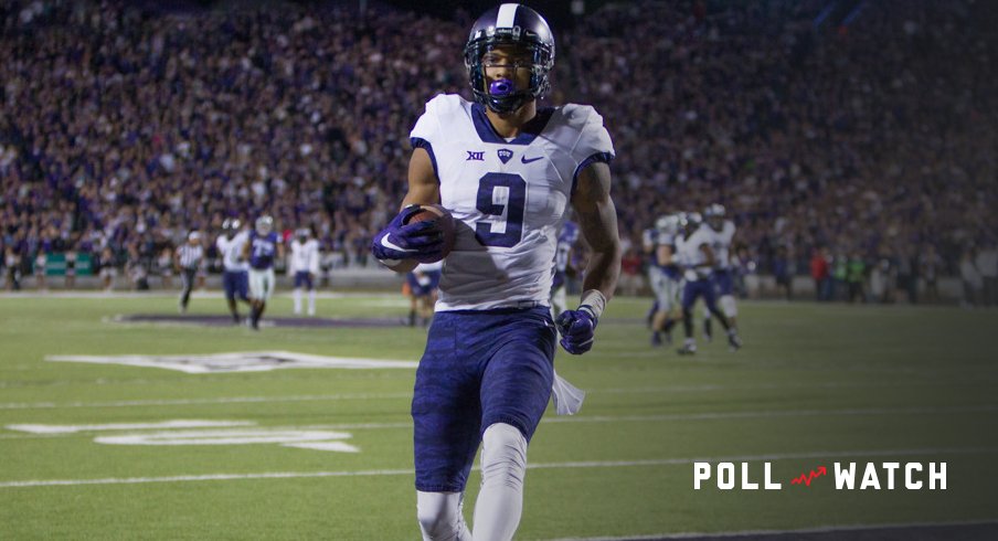 October 10, 2015: TCU Horned Frogs wide receiver Josh Doctson (9) strides into the end zone to give TCU the lead late in the fourth quarter during the NCAA Big 12 football game between the TCU Horned Frogs and the Kansas State Wildcats at Bill Snyder family memorial stadium in Manhattan, Kansas. TCU defeated Kansas State 52-45 (Photo by William Purnell/Icon Sportswire)