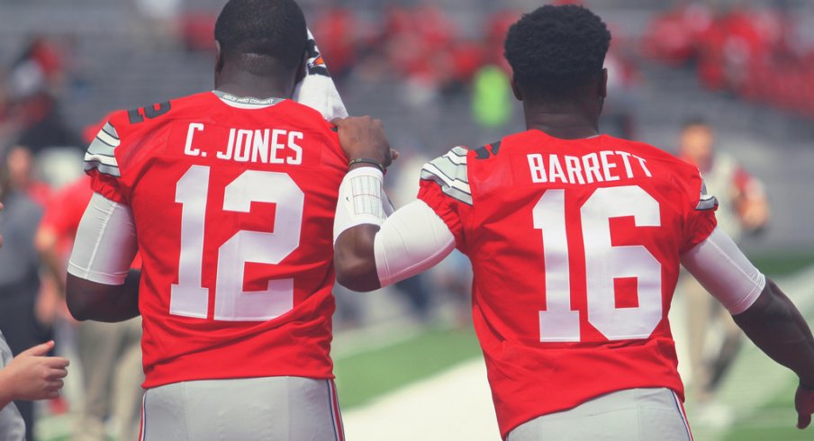 Cardale Jones, J.T. Barrett Warm Up